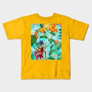 Colorful tropical floral leaves botanical illustration, tropical plants,leaves and flowers, aqua blue leaves pattern Kids T-Shirt